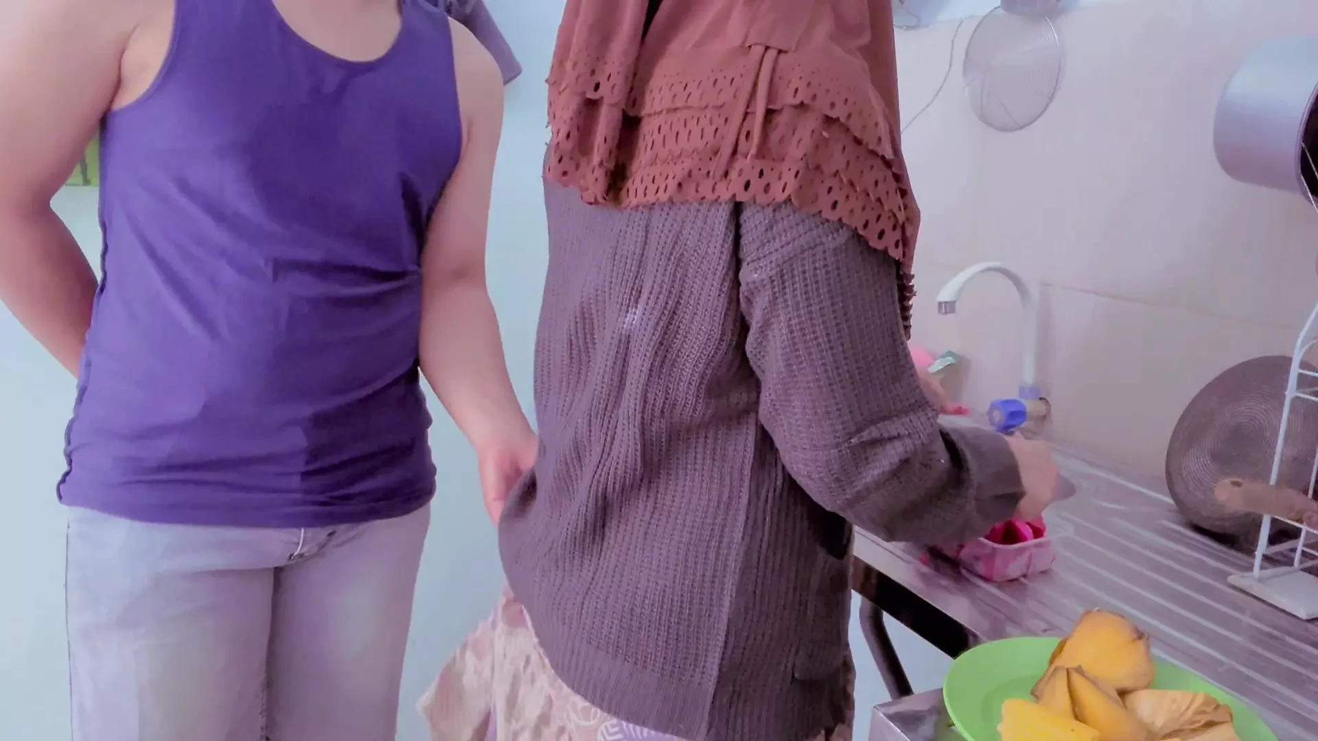 Budhe cooking harassed by naughty stepbrother